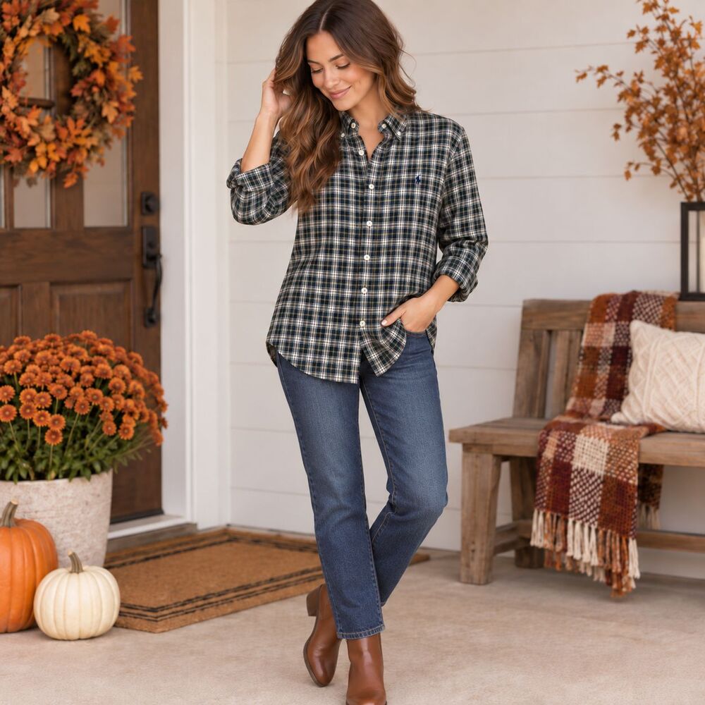 Ralph Lauren Shirt Womens Large Blue Plaid Custom Fit Button Down Long Sleeve